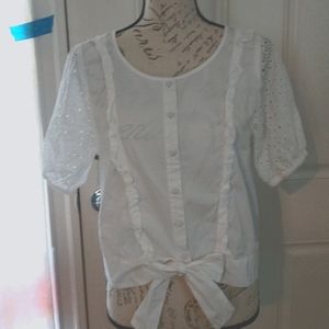 LC Lauren Conrad Women's White Ruffle Button Up